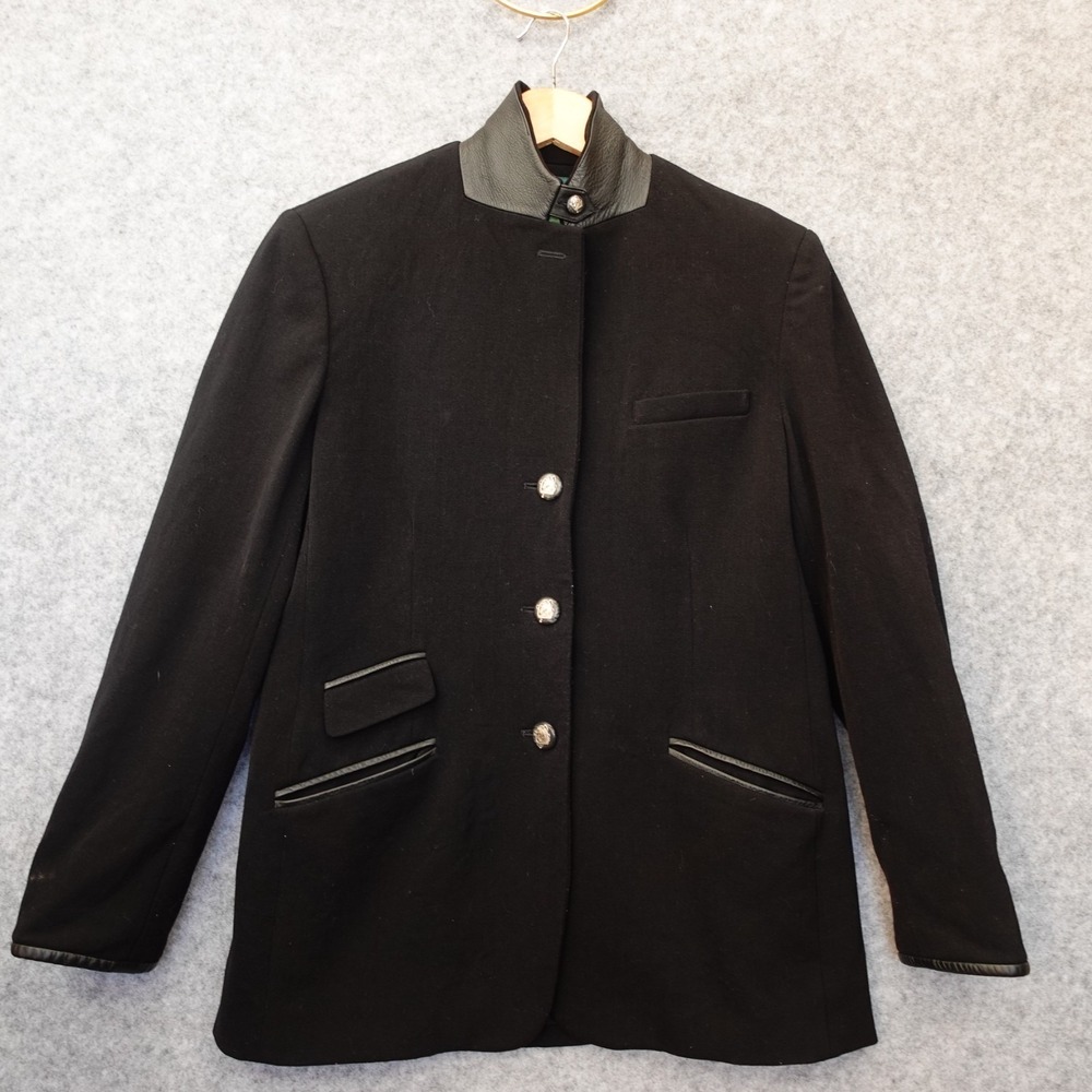 VTG Lauren Ralph Lauren Wool Blazer Women 6 P Black Leather Loop Collar Riding S
